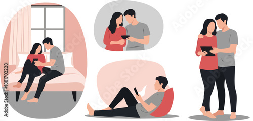 Flat Illustration Set of a Couple Using Digital Devices Together in Different Domestic Settings and Poses