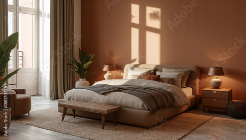 Camera da letto con mobili moderni e accoglienti con luce naturale e tonalità calde