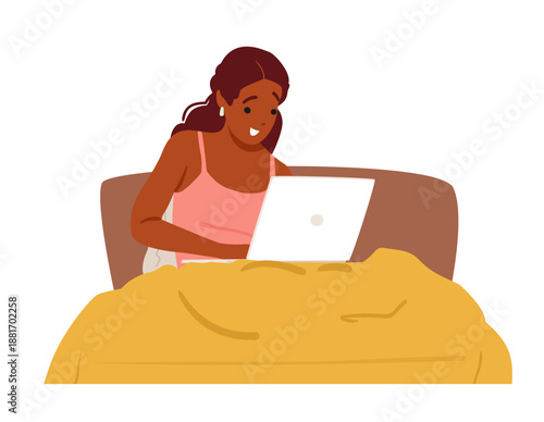 Young woman with excited and joyful expression on face using laptop sitting in cozy home bed