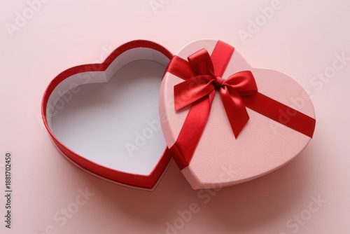 Open heart shaped box with red ribbon