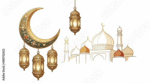 Eid Mubarak Crescent Moon Vector – Golden Lanterns, Stars, Mandala Background for Islamic Festive Greeting, Ramadan, Eid Celebration, Religious Clipart, and Cultural Design