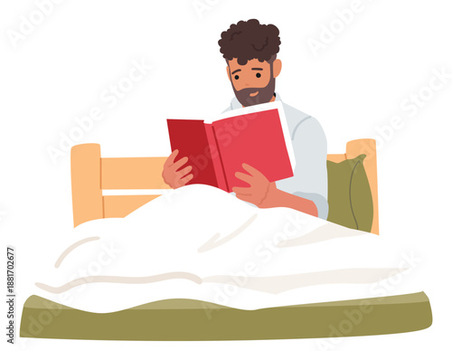 Interested man cartoon character reading paper book enjoying literature hobby while relaxing in bed