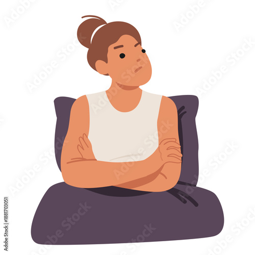 Young woman cartoon character sitting in bed with deeply frowning and unhappy expression on her face