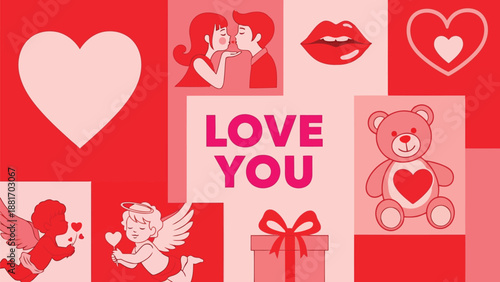 A romantic collection of hearts cupid teddy bears and lips showcases a loving valentine s day theme