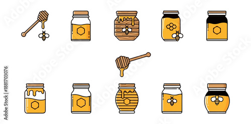 Honey jars and dippers collection with bee icons vector illustration