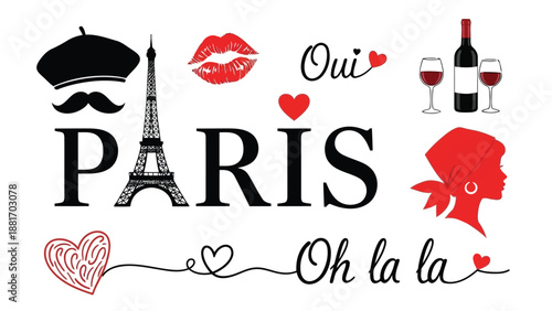 A romantic collection of parisian icons including the eiffel tower beret wine lips and hearts