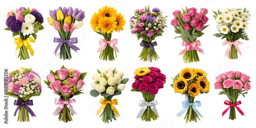 Colorful floral bouquet assortment isolated, featuring decorative gift flower arrangements