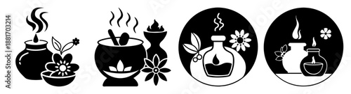 Black and white illustrations of various candle and flower arrangements in decorative vases and containers