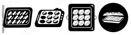 Black and white illustration of various baking pans and a plate with food