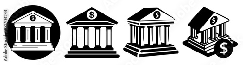 Black and white illustration of four stylized bank building icons with dollar signs