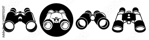 A black and white illustration of various binoculars on a plain background