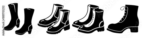 Collection of various black boots with different heel heights and styles