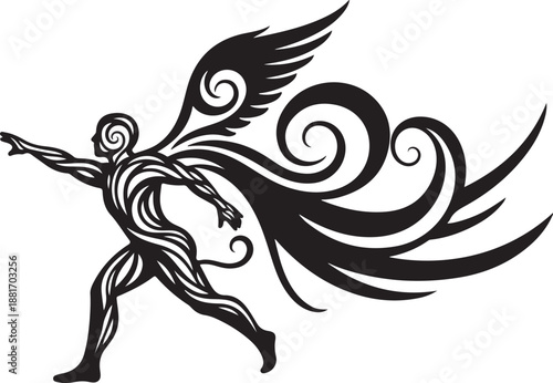 Dynamic illustration of a winged human figure in motion