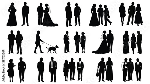 collection of black silhouettes of people in various poses and relationships on white background high quality