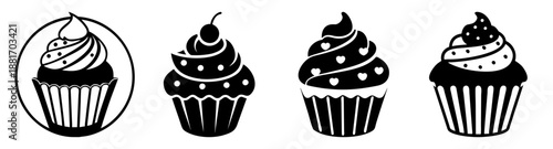 Black and white illustration of four decorated cupcakes with various frosting designs