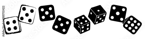 A set of seven falling dominoes with varying numbers of pips on each face