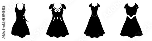 Four different black evening dresses with unique designs and cutouts