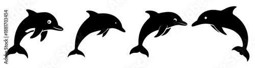Four dolphins swimming in a line black silhouettes on a white background marine mammals in a synchronized movement