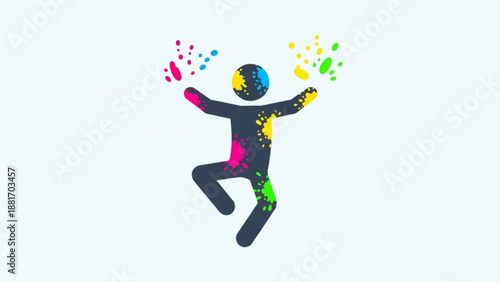 Colorful Person Dancing with Paint Splatters Isolated on White Background