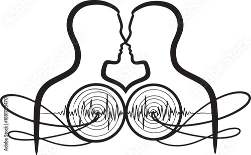 Connected People Silhouette with Sound Waves and Emotions