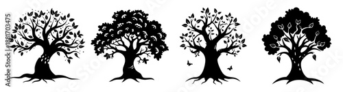 Set of Four Enchanted Trees Silhouette with Leaves and Roots Isolated on White Background