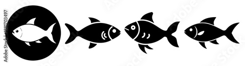 Black Silhouette Fish Icons in a Row with One White Fish Highlighted