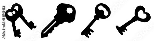 Set of Four Black Silhouette Keys on White Background, Security Access Symbols