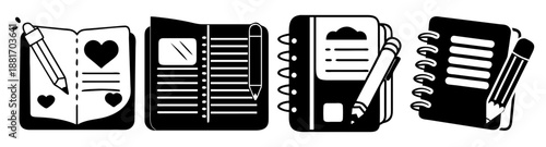 Set of black and white journal icons with pens and pencils on white background
