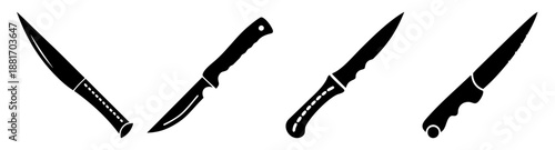 Collection of Various Knives in Different Positions and Designs Isolated on White Background