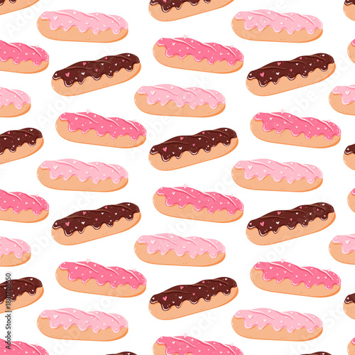 Seamless Eclair Dessert Pattern with Chocolate and Pink Glaze