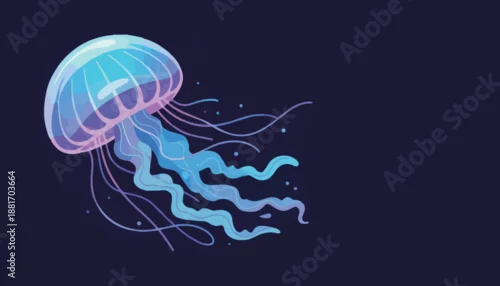Obraz Bioluminescent jellyfish drifting in dark ocean space, glowing neon blue and violet tentacles, flat vector illustration with soft gradients, dreamy marine fantasy mood art style.