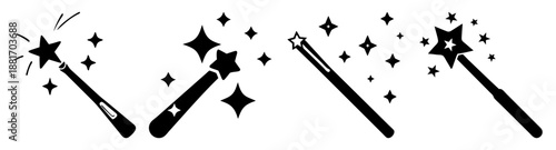 Magical wands with sparkling stars and magic dust in black silhouette