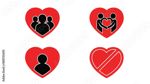 Illustrative depictions of relationships family solitude and heartbreak are shown within red heart shaped symbols