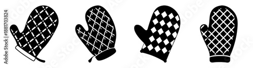 Set of Black Oven Mitts with Various Patterns on White Background