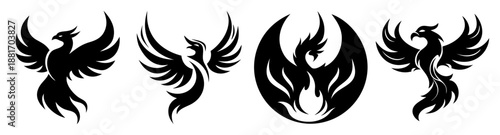 Phoenix Silhouettes Rising from Flames in Black Vector Art