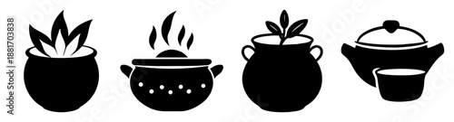 Four black silhouettes of ancient egyptian or greek style clay pots with plants