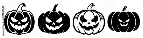 A set of four carved jack o lanterns with spooky faces for halloween