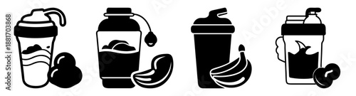 Four black and white illustrations of sports water bottles with lids and handles