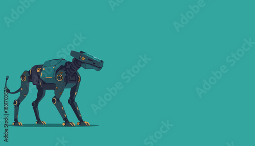 Futuristic robotic animal standing on the left, sleek mechanical body with glowing details, flat vector illustration on minimal teal background, sci fi technology concept art.