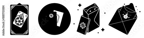 Black and white illustrations of playing cards and geometric shapes