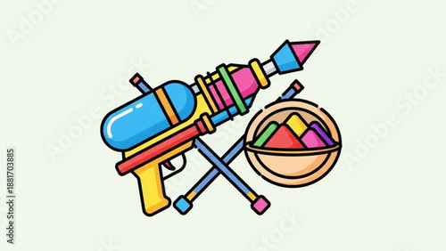 Colorful Water Gun with Colorful Chalk in Bowl, Holi Celebration, Isolated on White Background