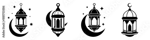 Ramadan Lanterns and Crescent Moon Symbols in Black Silhouette Design