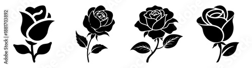 Black and white rose silhouettes with leaves on white background