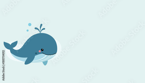 Cute flat vector of a smiling blue whale floating in calm water with soft pastel tones, minimalist cartoon ocean character ideal for kids designs, prints, apps, and backgrounds.