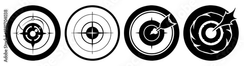 Four black and white archery targets with varying designs and a bullseye