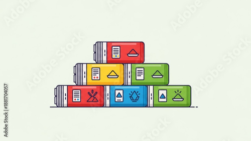 Colorful Shipping Containers Stacked in Logistics Yard with Various Symbols