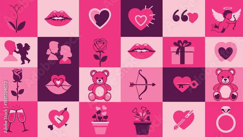 A vibrant patchwork of romantic symbols including hearts lips flowers and cherubs presented in pink shades