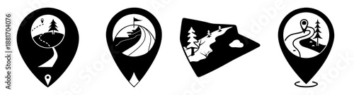 Set of black map pin icons with nature symbols, trail markers, adventure