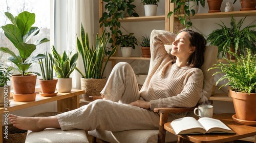 Wallpaper Mural Peaceful woman enjoying sunlight indoors concept. A serene moment enjoying nature indoors with lush plants. Torontodigital.ca