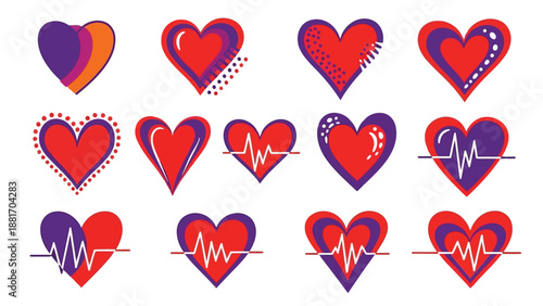 An assortment of vibrant red and purple hearts with varying designs and patterns is displayed on a white